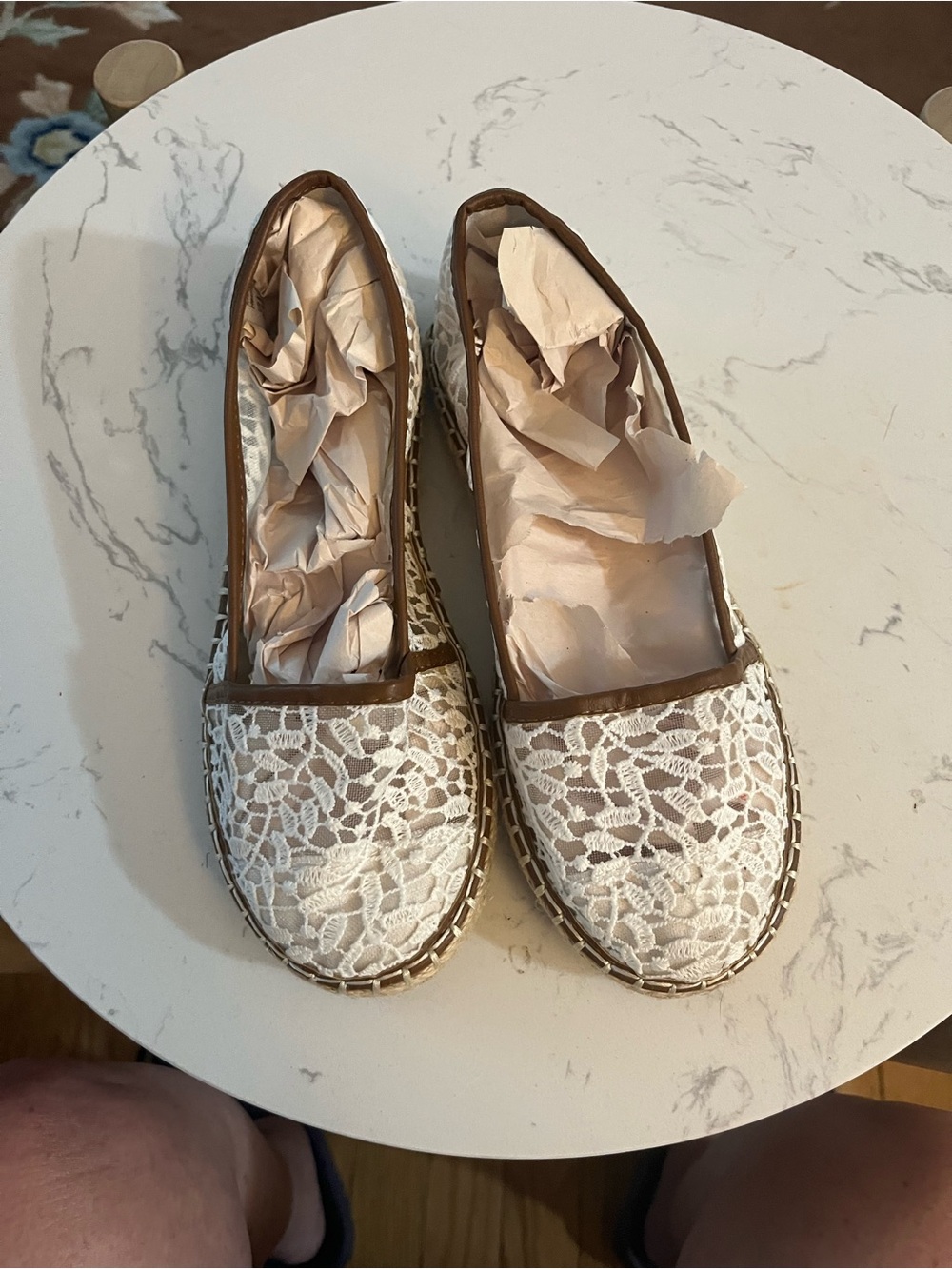 Lace Espadrille Slip-On Flats in White with Brown Trim